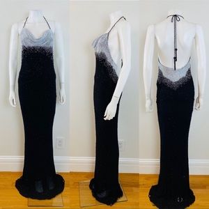 Vintage 90s bias dress black + white beaded silk halter neckline tassels wedding
